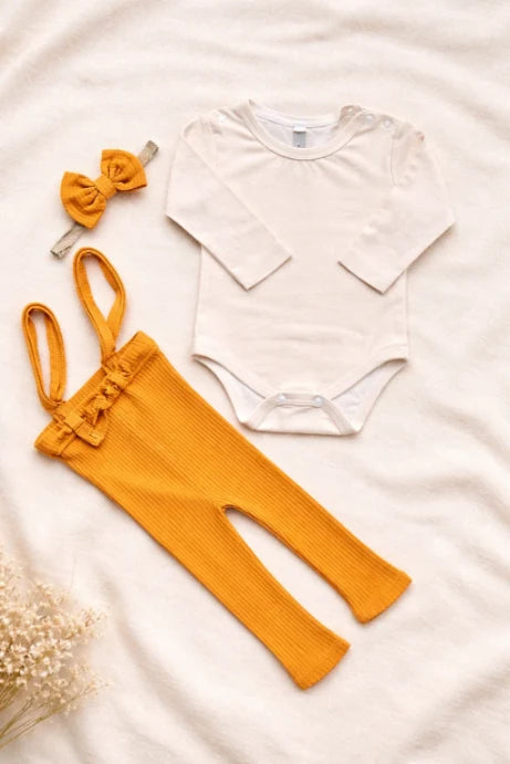 3-Piece Baby Girl Outfit – Stylish Shirt, Trouser & Hairband Set