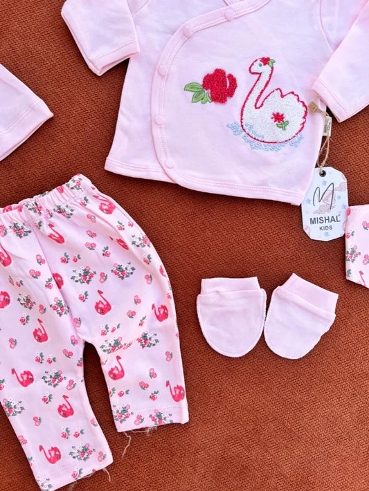 Newborn Baby 5 Pieces Summer Outfit – Shirt, Trouser, Cap, Bib & Mittens