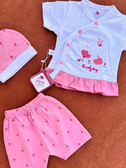 Newborn Baby Girl Summer Cotton 3 Pcs Set – Shirt, Shorts & Cap