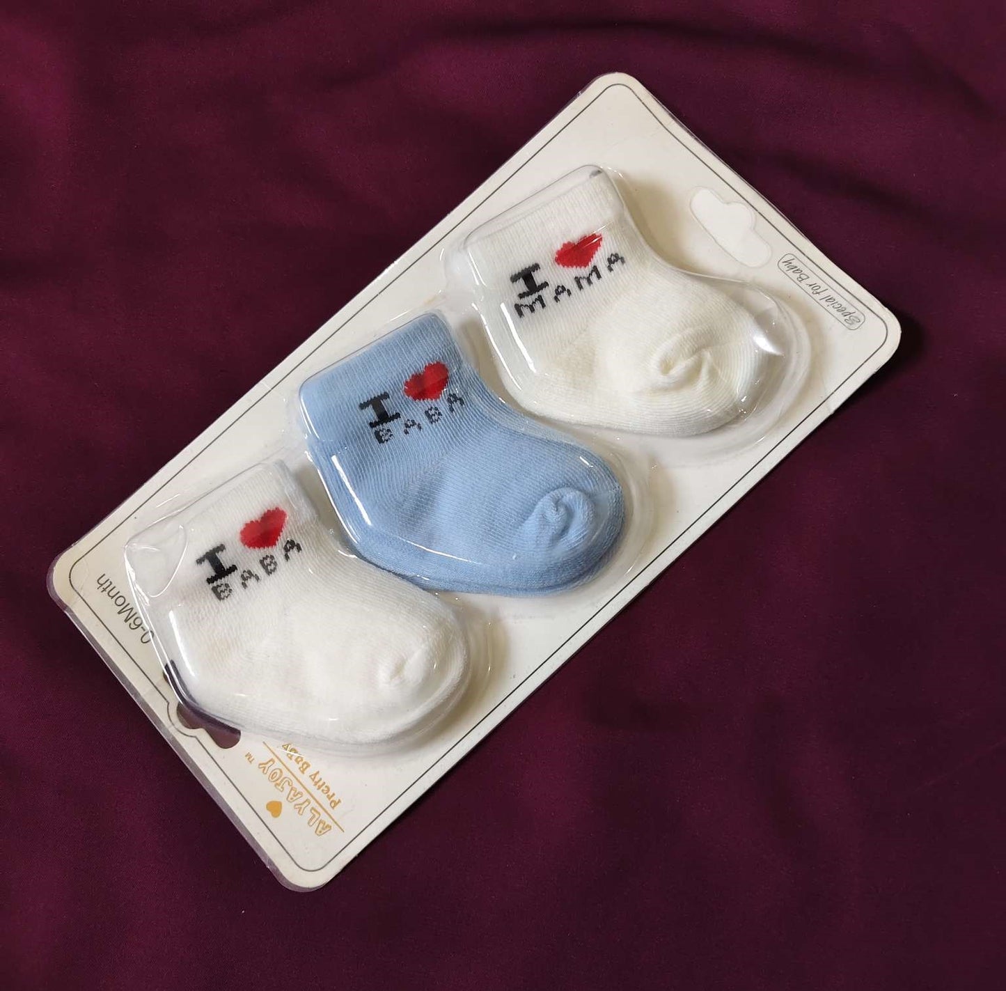 Pack of 3 Baby Socks – I ❤️ Mama Baba Print (0–6 Months)