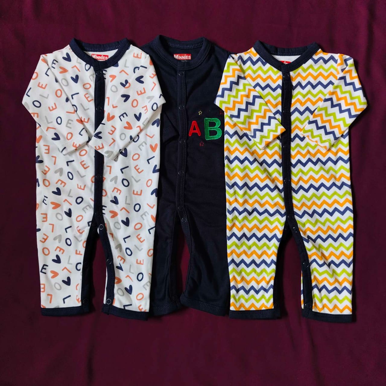 Pack of 3 Baby Rompers – 100% Cotton Printed & Embroidered Sleep Suits Multi