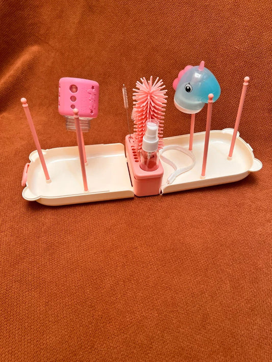 Portable Bottle Brush Set – 8-in-1 Baby Feeding Bottle Cleaning Kit with Bear Box (Pink)