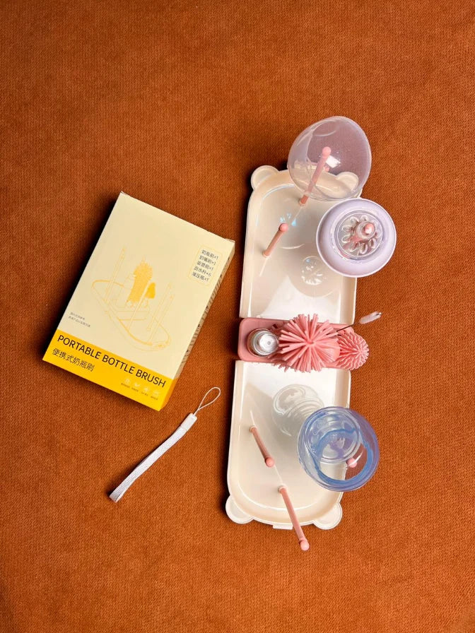 Portable Bottle Brush Set – 8-in-1 Baby Feeding Bottle Cleaning Kit with Bear Box (Pink)