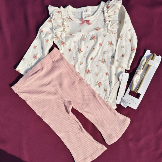 3-Piece Baby Outfit Set – Bodysuit, Trouser & Hair Band