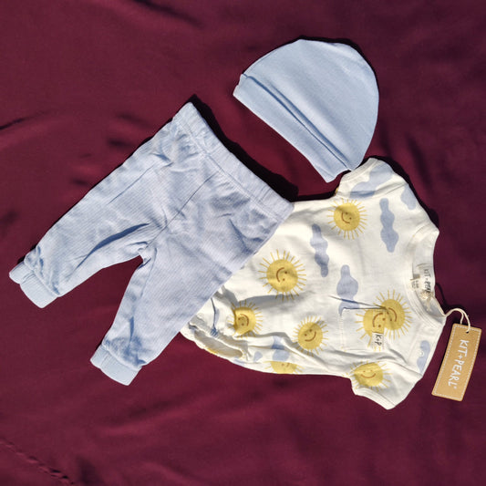 3-Piece Baby Clothing Set – Bodysuit, Trouser & Cap