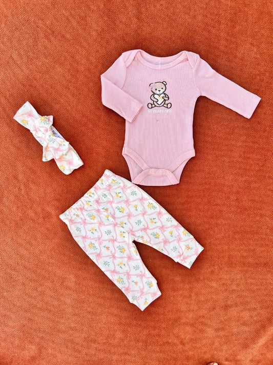 3 Pcs Baby Summer Cotton Bodysuit Set – Pink Bear
