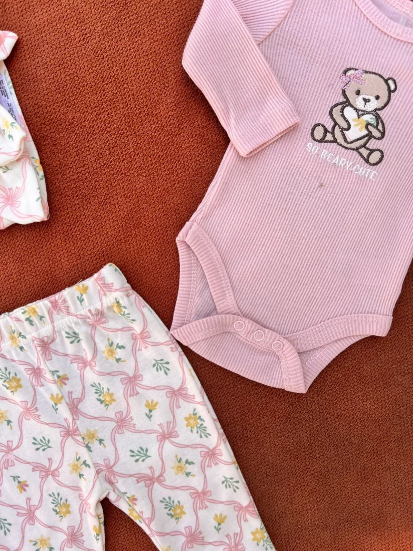 3 Pcs Baby Summer Cotton Bodysuit Set – Pink Bear