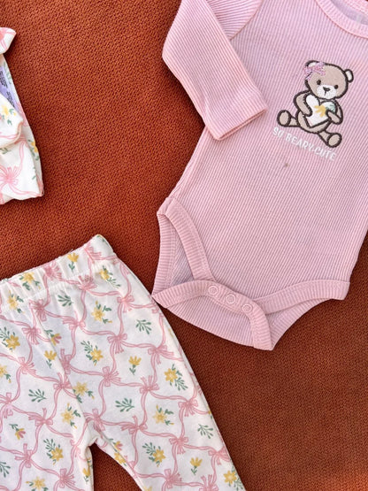 3 Pcs Baby Summer Cotton Bodysuit Set – Pink Bear