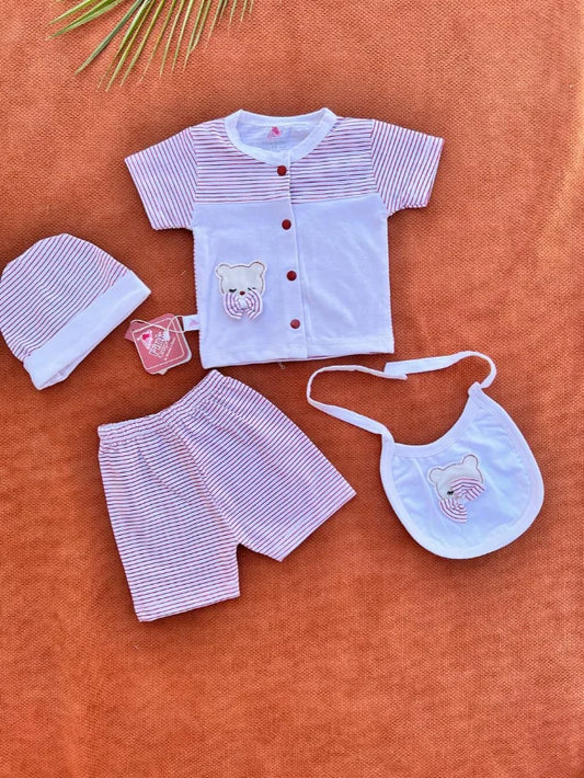 4 Pcs Newborn Baby Cotton Set with Cap & Bib – Soft Summer Outfit 0-3 Months