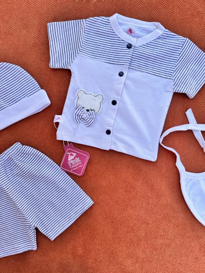 4 Pcs Newborn Baby Cotton Set with Cap & Bib – Soft Summer Outfit 0-3 Months