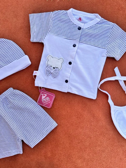 4 Pcs Newborn Baby Cotton Set with Cap & Bib – Soft Summer Outfit 0-3 Months