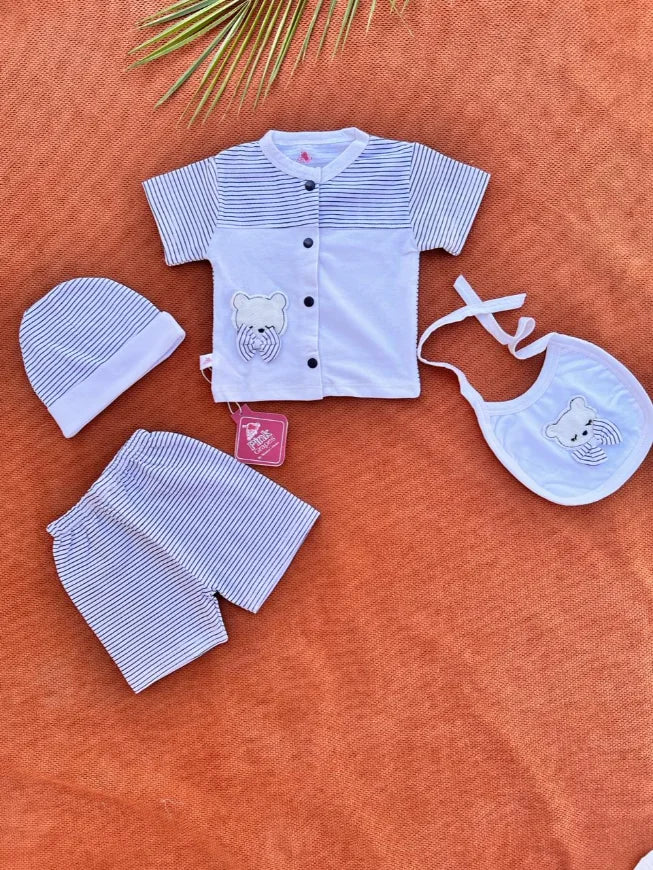 4 Pcs Newborn Baby Cotton Set with Cap & Bib – Soft Summer Outfit 0-3 Months