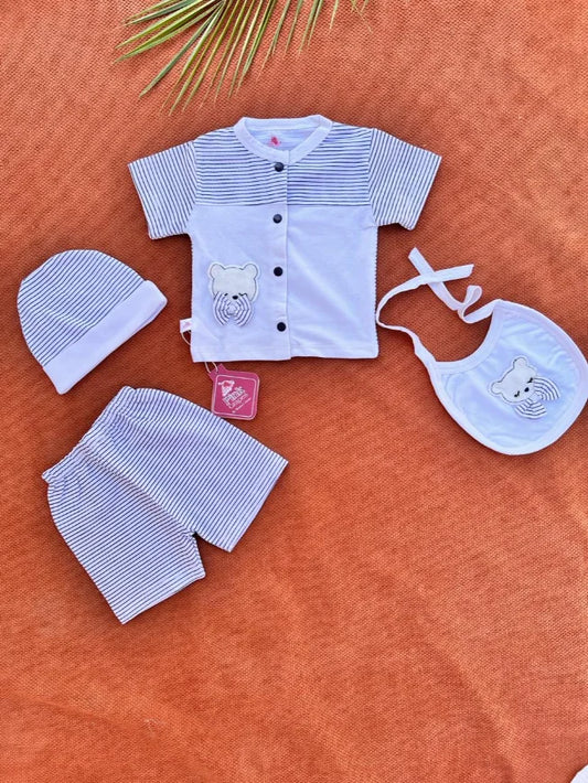 4 Pcs Newborn Baby Cotton Set with Cap & Bib – Soft Summer Outfit 0-3 Months