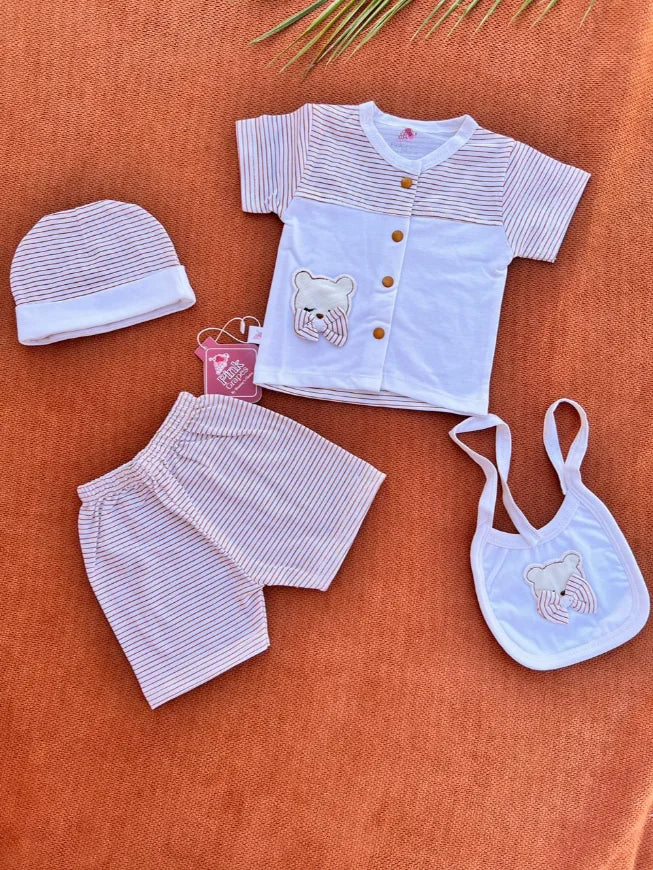 4 Pcs Newborn Baby Cotton Set with Cap & Bib – Soft Summer Outfit 0-3 Months