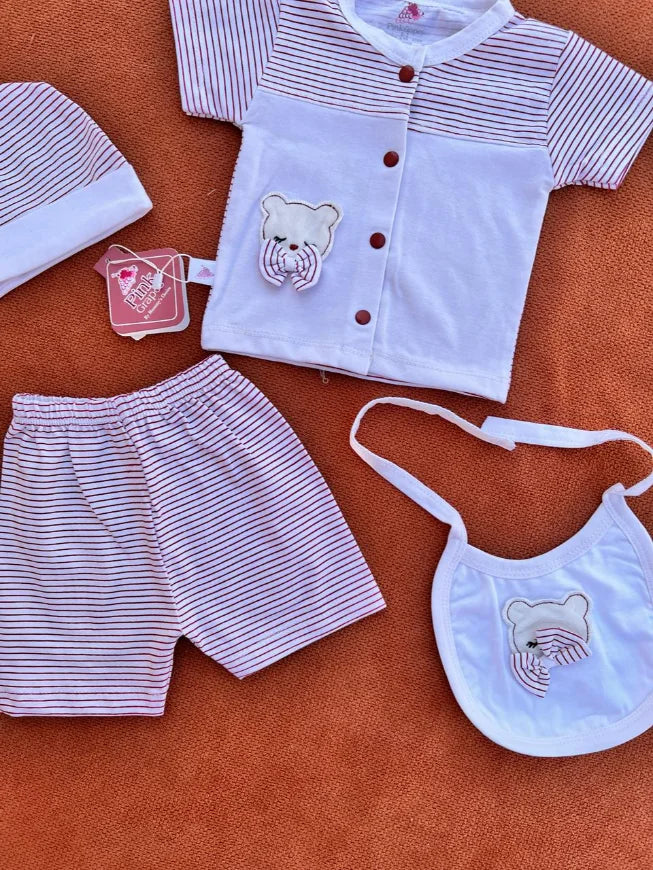 4 Pcs Newborn Baby Cotton Set with Cap & Bib – Soft Summer Outfit 0-3 Months