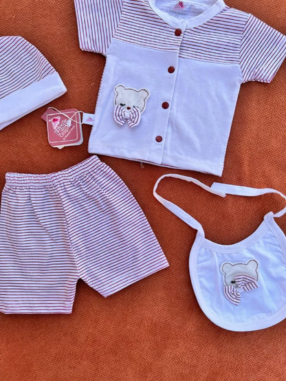 4 Pcs Newborn Baby Cotton Set with Cap & Bib – Soft Summer Outfit 0-3 Months