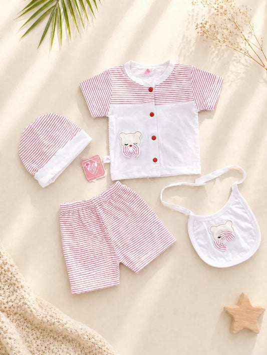 4 Pcs Newborn Baby Cotton Set with Cap & Bib – Soft Summer Outfit 0-3 Months