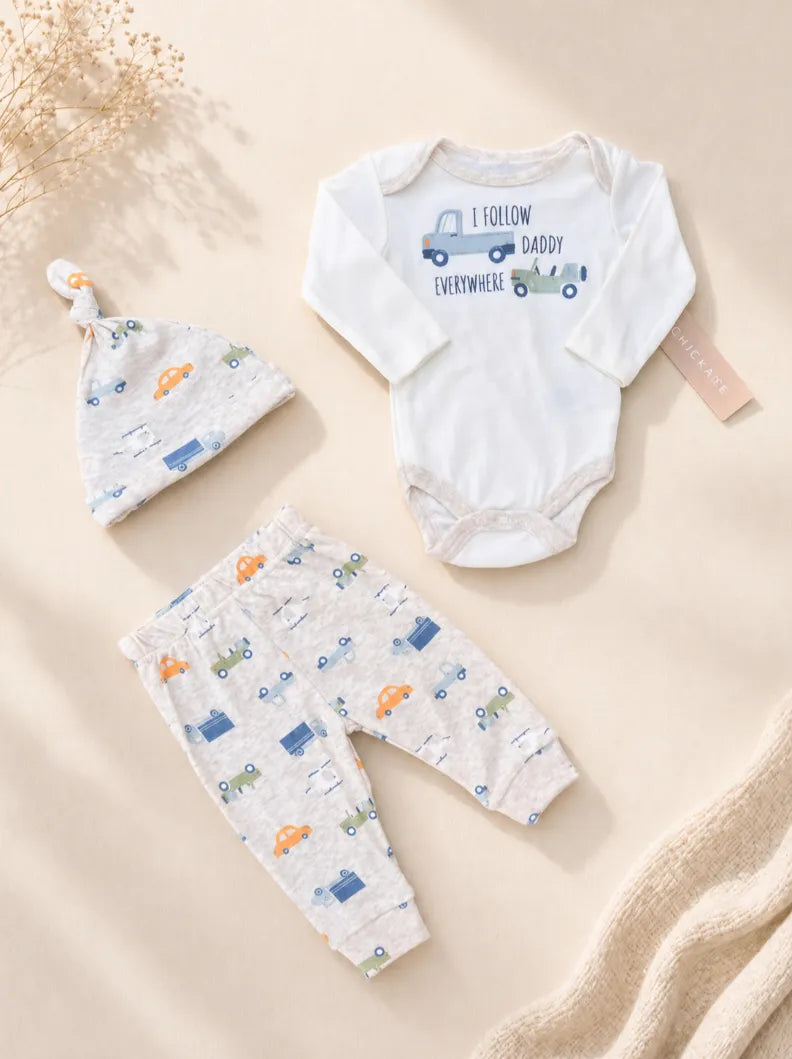Baby Boy 3 Pcs Cotton Set – Car Print Bodysuit, Trouser & Cap