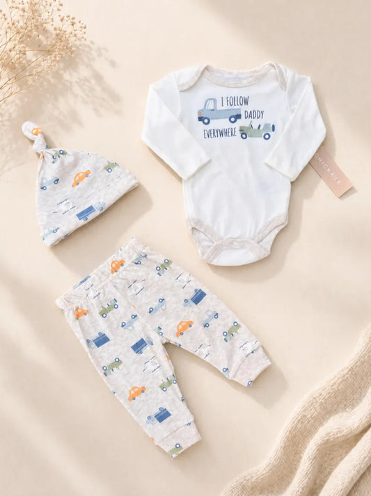 Baby Boy 3 Pcs Cotton Set – Car Print Bodysuit, Trouser & Cap