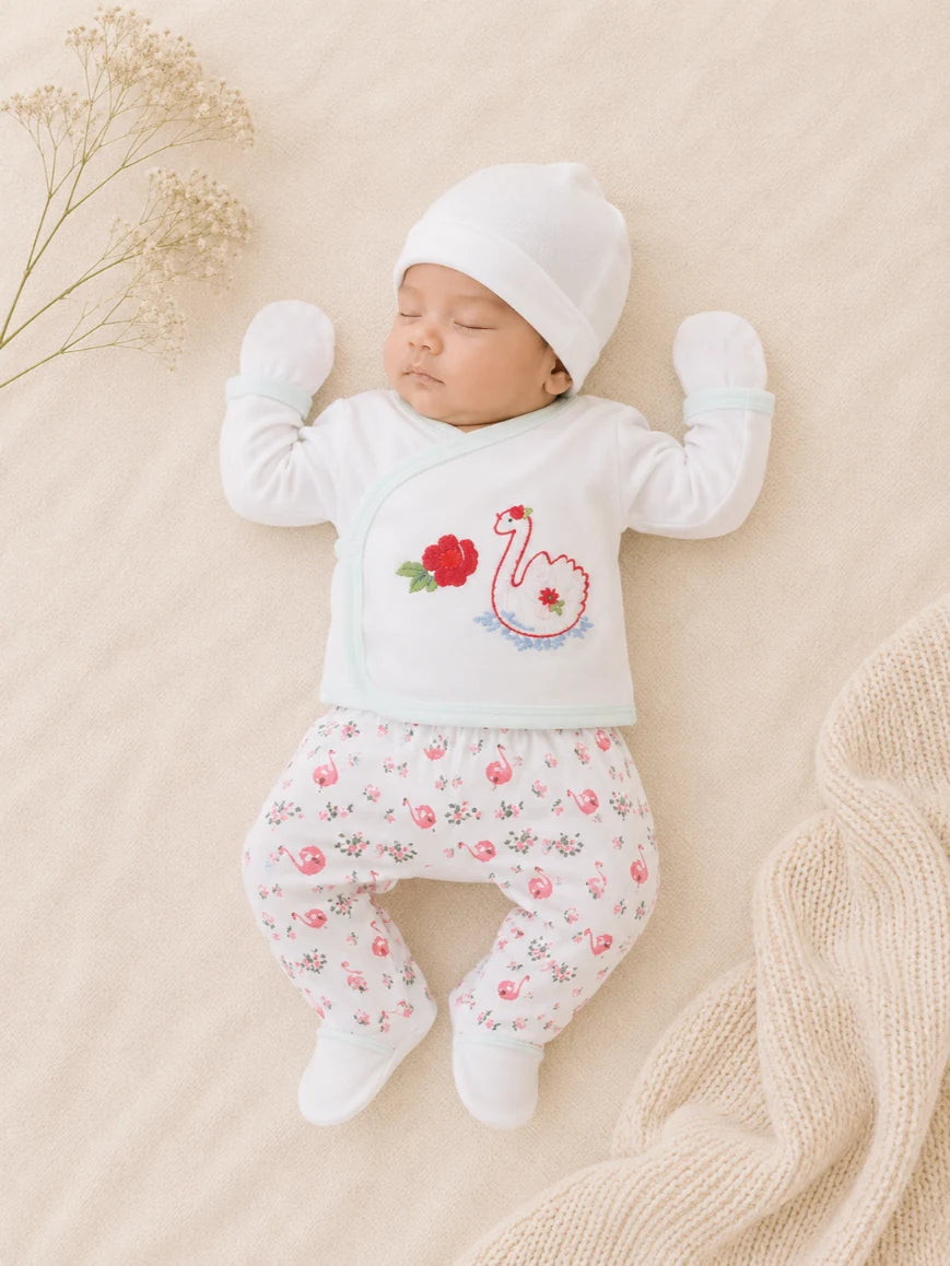 Newborn Baby 5 Pieces Summer Outfit – Shirt, Trouser, Cap, Bib & Mittens