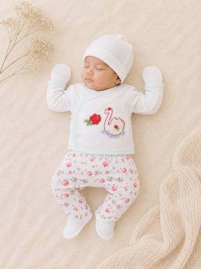 Newborn Baby 5 Pieces Summer Outfit – Shirt, Trouser, Cap, Bib & Mittens
