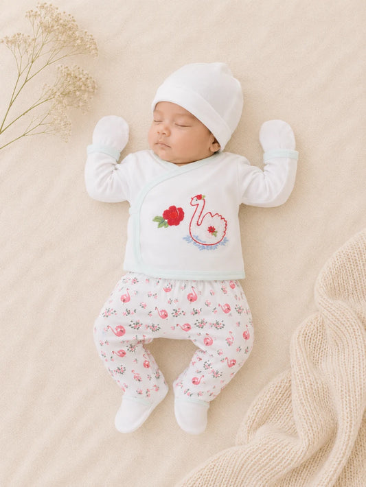 Newborn Baby 5 Pieces Summer Outfit – Shirt, Trouser, Cap, Bib & Mittens