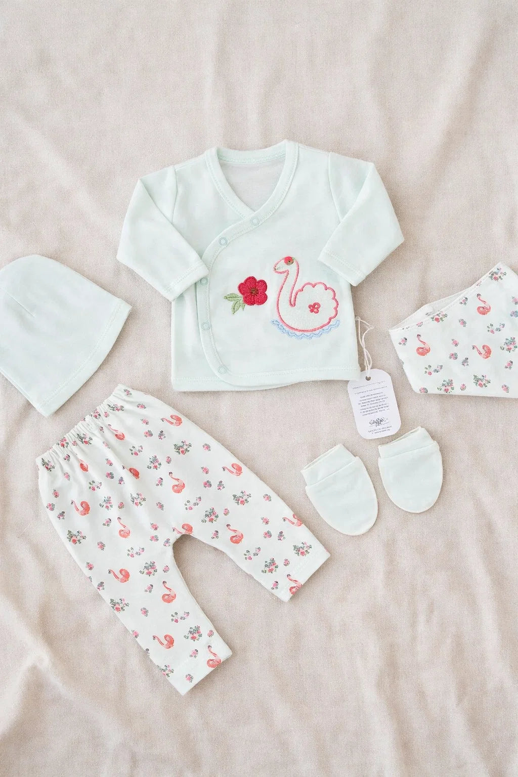Newborn Baby 5 Pieces Summer Outfit – Shirt, Trouser, Cap, Bib & Mittens