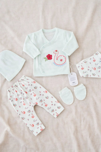 Newborn Baby 5 Pieces Summer Outfit – Shirt, Trouser, Cap, Bib & Mittens