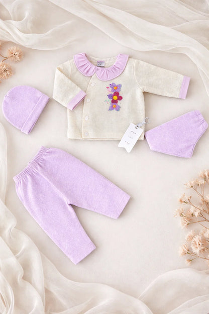 Newborn Baby 4 Pieces Summer Outfit – Shirt, Trouser, Cap & Bib