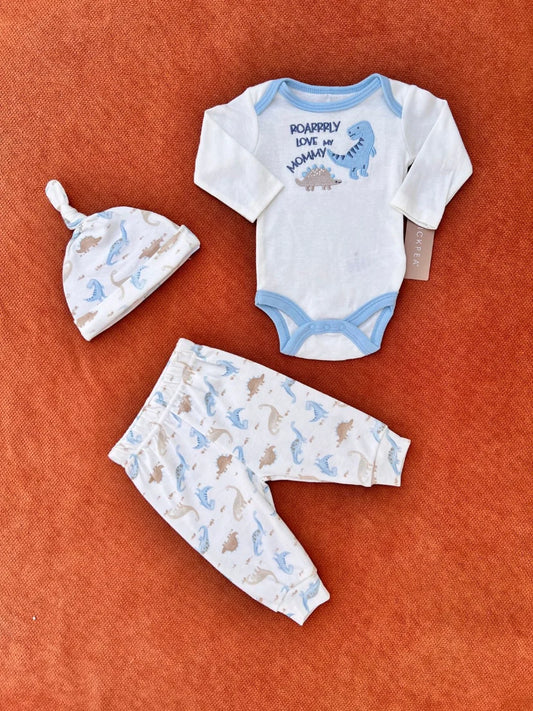 Baby Dino Summer Cotton Bodysuit Set – 3 Pcs Outfit