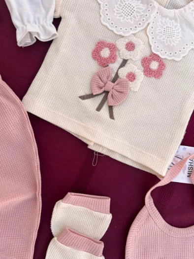 Newborn Baby Girl Waffle 5-Pieces Clothing Set – Soft & Elegant Outfit