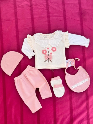 Newborn Baby Girl Waffle 5-Pieces Clothing Set – Soft & Elegant Outfit