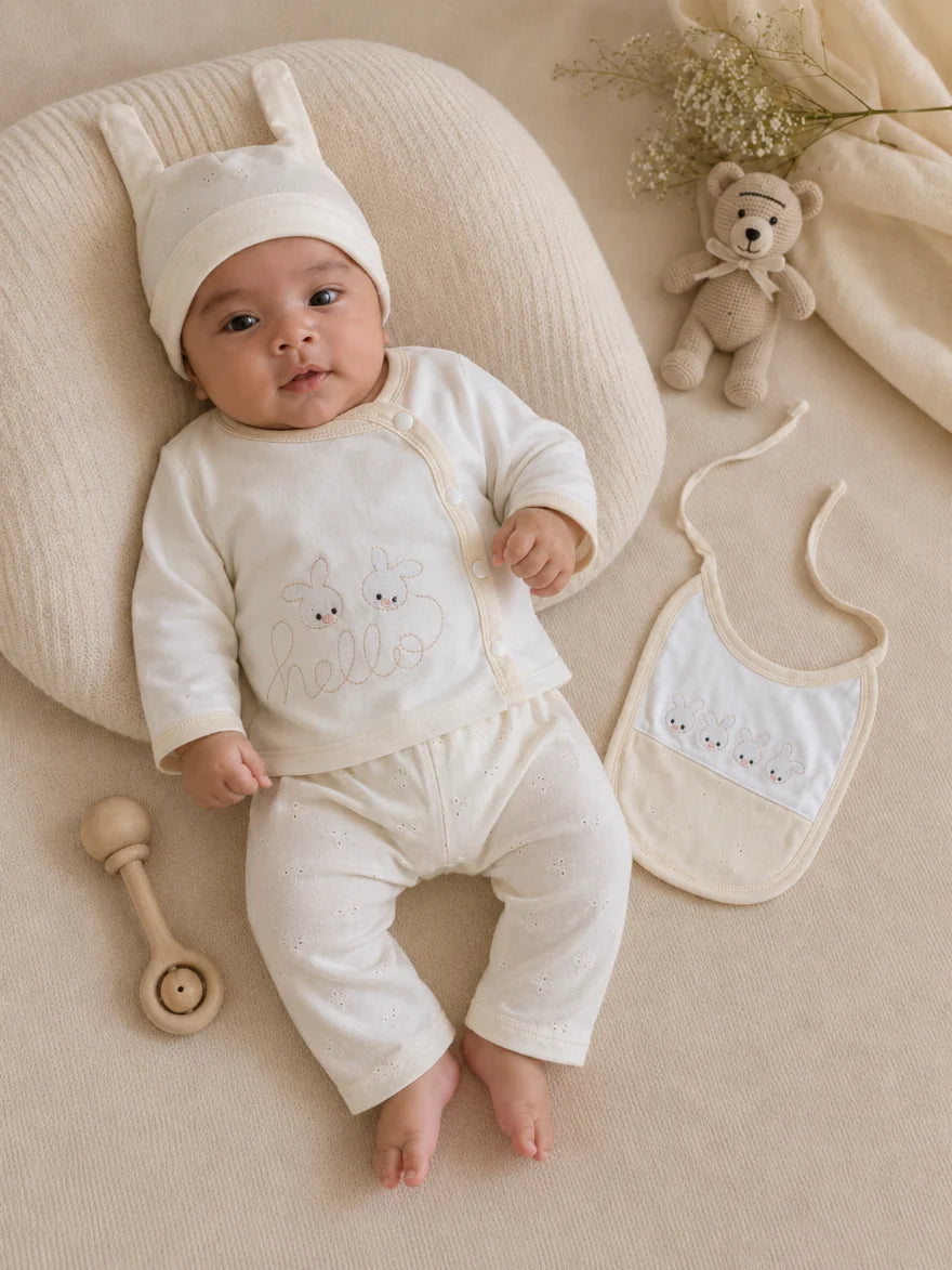 Hello Bunny Newborn Baby 4 Piece Dress Set