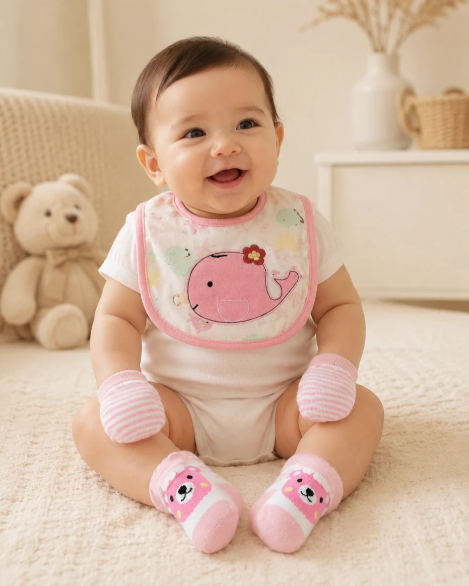 Newborn Essentials Set – Bib, Booties & Mittens
