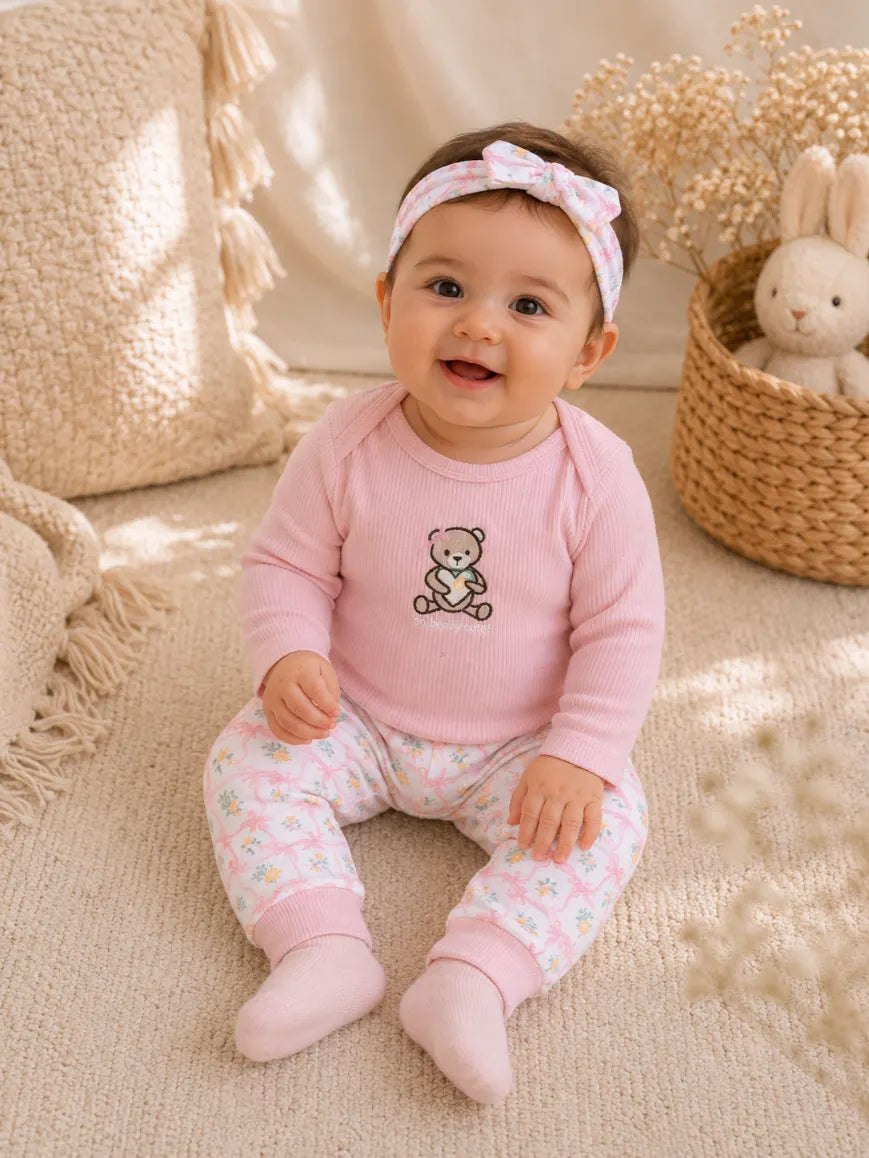 3 Pcs Baby Summer Cotton Bodysuit Set – Pink Bear