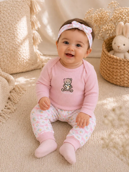 3 Pcs Baby Summer Cotton Bodysuit Set – Pink Bear