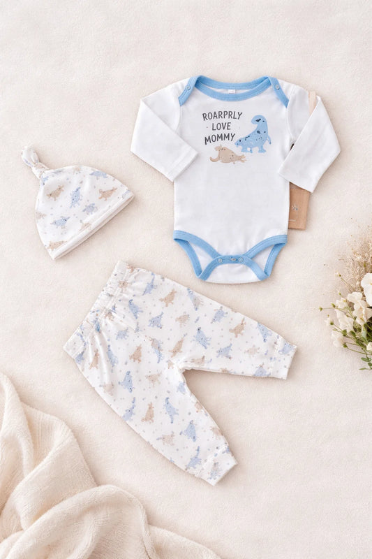 Baby Dino Summer Cotton Bodysuit Set – 3 Pcs Outfit
