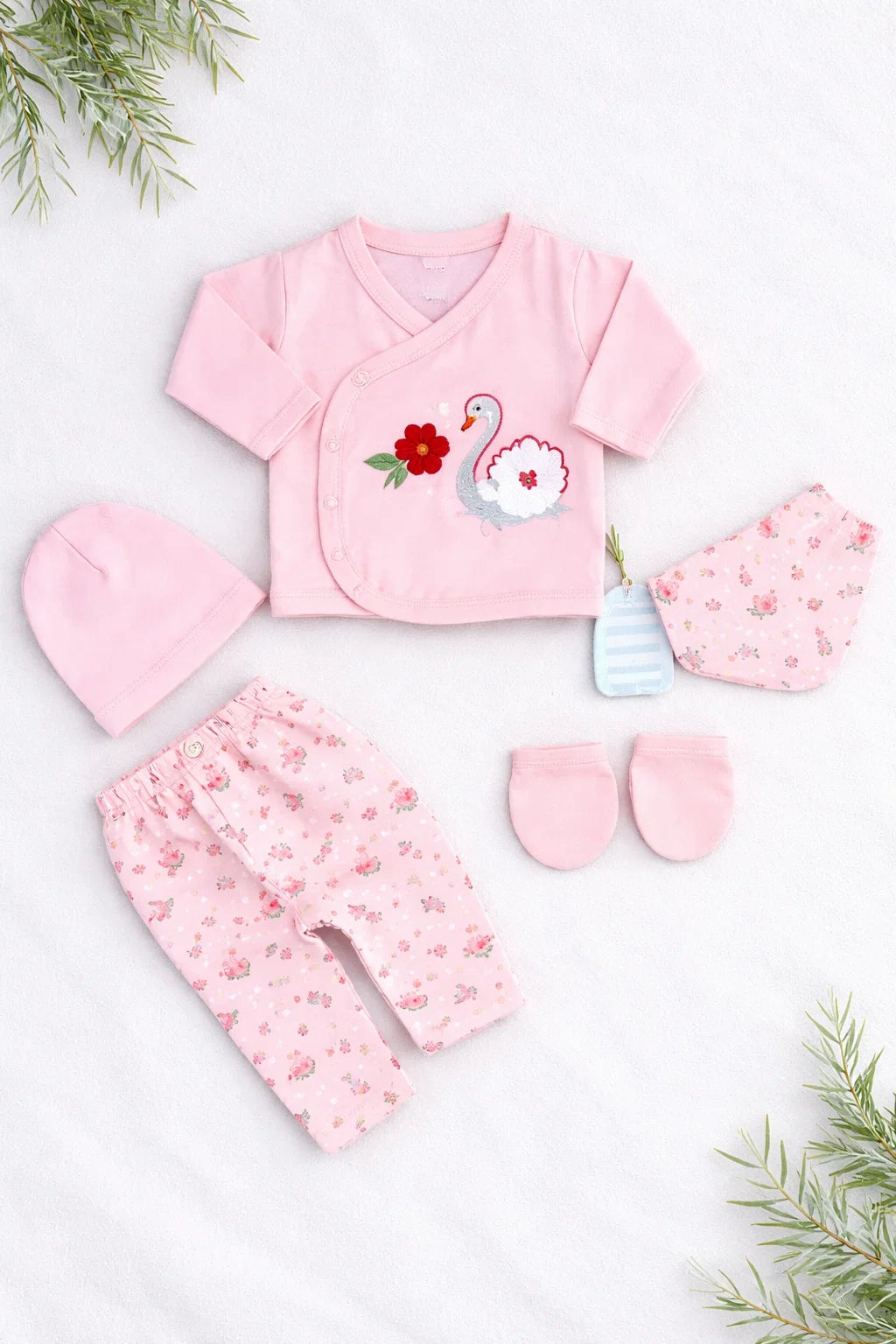 Newborn Baby 5 Pieces Summer Outfit – Shirt, Trouser, Cap, Bib & Mittens