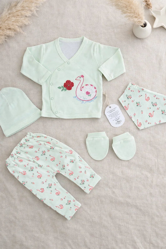 Newborn Baby 5 Pieces Summer Outfit – Shirt, Trouser, Cap, Bib & Mittens