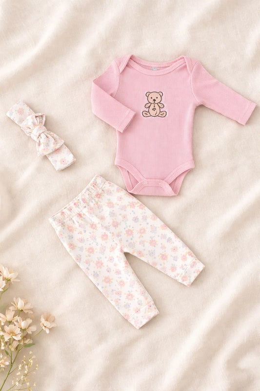 3 Pcs Baby Summer Cotton Bodysuit Set – Pink Bear
