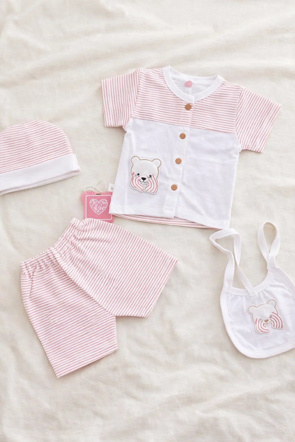 4 Pcs Newborn Baby Cotton Set with Cap & Bib – Soft Summer Outfit 0-3 Months