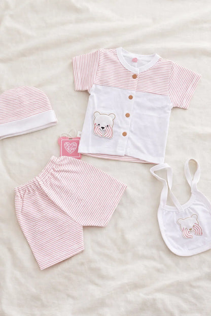 4 Pcs Newborn Baby Cotton Set with Cap & Bib – Soft Summer Outfit 0-3 Months