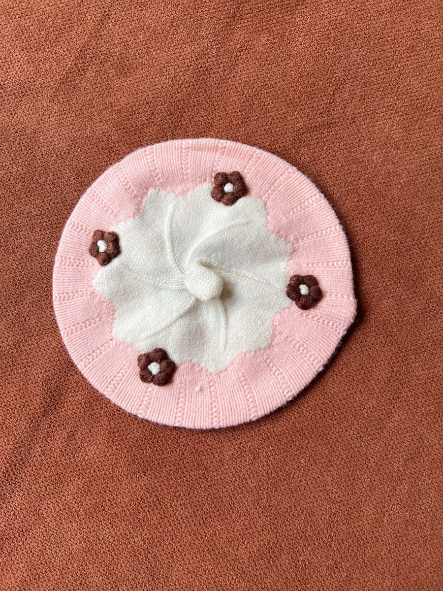 Cute Knitted Baby Beret Cap with Floral Design