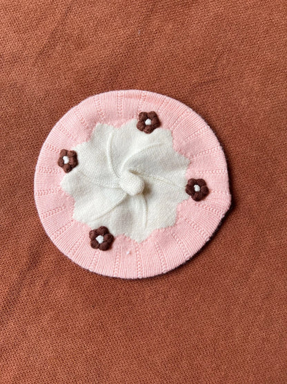 Cute Knitted Baby Beret Cap with Floral Design
