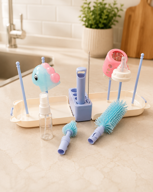 Portable Bottle Brush Set – 8-in-1 Baby Feeding Bottle Cleaning Kit with Bear Box (Blue)