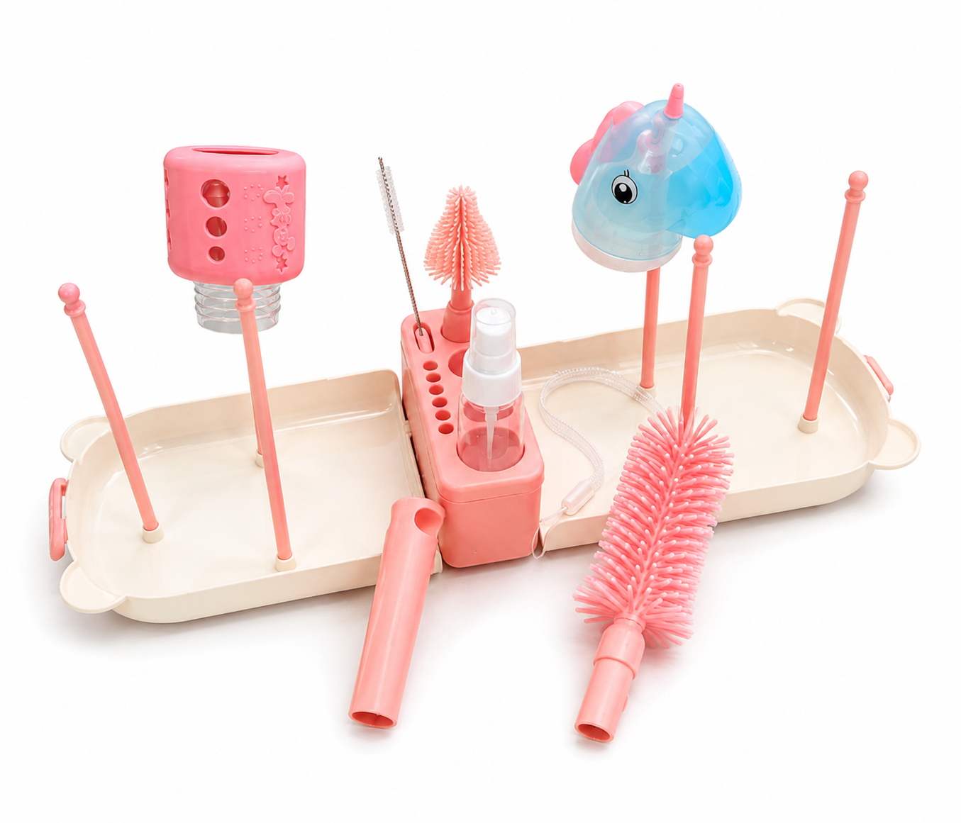 Portable Bottle Brush Set – 8-in-1 Baby Feeding Bottle Cleaning Kit with Bear Box (Pink)
