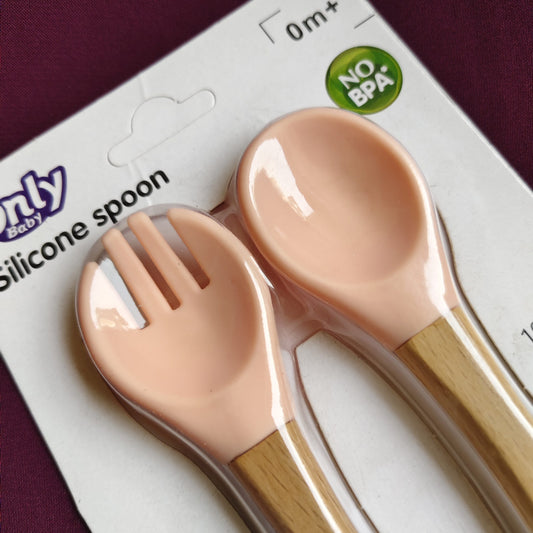 Silicone Baby Fork and Spoon Set – 2-Piece Wooden Handle | BPA-Free | Pink