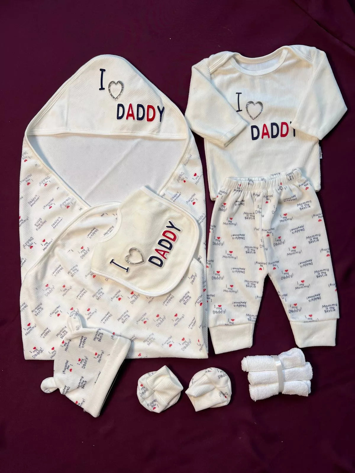 “I ❤️ Daddy" Newborn Baby 12 Pcs Starter Set – Complete Baby Cotton Set
