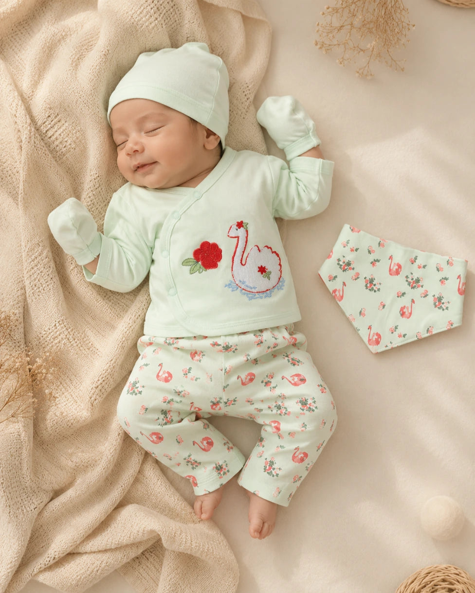 Newborn Baby 5 Pieces Summer Outfit – Shirt, Trouser, Cap, Bib & Mittens