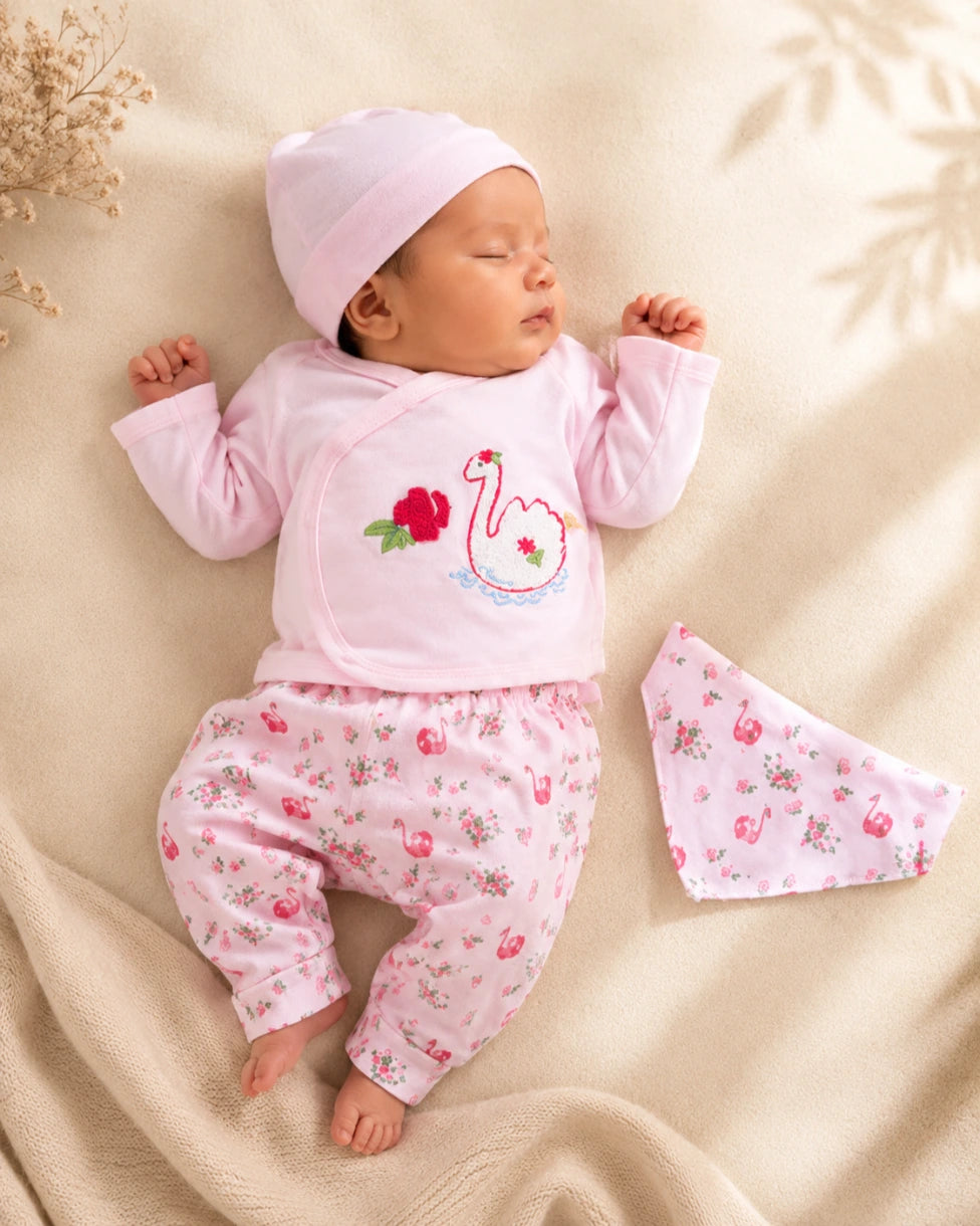 Newborn Baby 5 Pieces Summer Outfit – Shirt, Trouser, Cap, Bib & Mittens